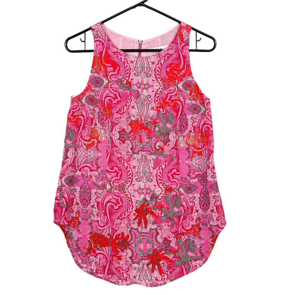Cabi Womens Blouse Pink Red Paisley Round Neck Flowy Lined Sleeveless XS